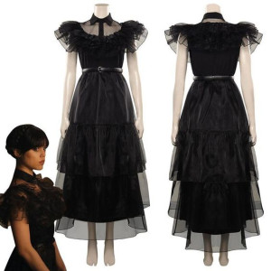 Disfraz Miércoles, Merlina Addams, Baile Deluxe para niña, Vestido negro largo, Wednesday