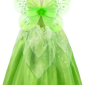 Disfraz de princesa de hadas para niños y niñas, con tirantes delgados, vestido largo verde con alas de mariposa, traje