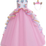 Vestido largo de tul sin mangas para niña, diseño de unicornio, con diadema, disfraz