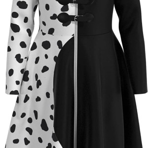 Disfraz de Cruella para niños y niñas, disfraz de cosplay de Deville, falda de lunares negros y blancos, vestido largo rojo para Halloween