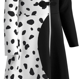 Disfraz de Cruella para niños y niñas, disfraz de cosplay de Deville, falda de lunares negros y blancos, vestido largo rojo para Halloween