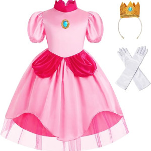 Disfraz vestido de princesa melocotón, 1 corona dorada brillante, peach, mario bross