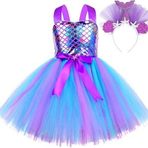 Faldas de tutú de sirena para niñas pequeñas, vestido de fiesta de cumpleaños, disfraz de sirena con diadema