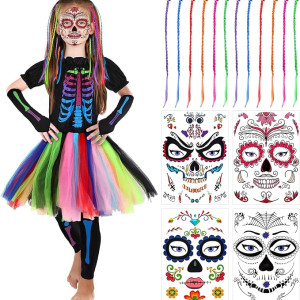 Juego de disfraz de esqueleto de neón de Halloween con 12 extensiones de cabello, paquete de 4 tatuajes temporales para Halloween