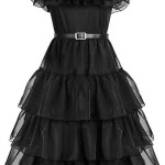 Disfraz Miércoles, Merlina Addams, Baile Deluxe para niña, Vestido negro largo, Wednesday