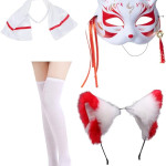 Disfraz de zorro kimono japonés rojo y blanco con calcetines