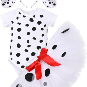 Mameluco con estampado de huellas de patas, falda tutú + diadema de orejas de perro, disfraz de Halloween Dalmata