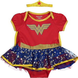 Disfraz de vestido tipo body de la Mujer Maravilla con tiara y capa para bebé niña