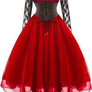 Vestido gótico de manga de encaje para mujer con corsé, renacentista, sexy, de gasa,  bruja, vestido de baile de baile de corte irlandés de malla