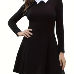 Vestido ngro de manga larga con cuello blanco,  Peter Pan , Merlina, halloween